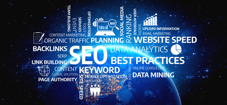Explore SEO strategies and data analytics on a cosmic background, highlighting the importance of keywords and best practices for effective digital marketing and website optimization. Tessel