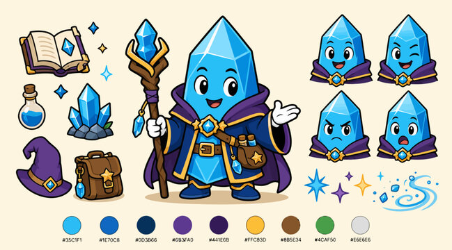 Cute Blue Crystal Mage Character with Magic Items.
