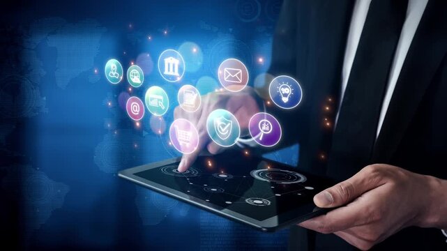 Set of business and digital service icons representing finance, cloud, analytics, email, communication, ecommerce, cybersecurity, and global connectivity in a modern ecosystem Marrow