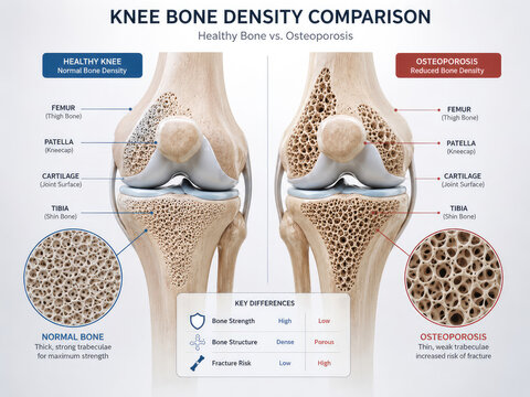 Knee Bone Density Comparison: Healthy Bone and Osteoporosis