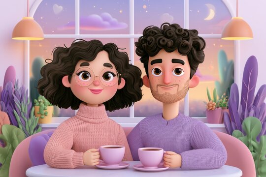 Romantic Illustrated Scene in Pink And Purple, Elegant Design