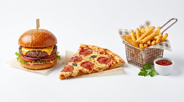 Tasty burger and pizza combo with fries isolated on white, commercial food advertising template, clean shadows, 8K, no logo, no people.