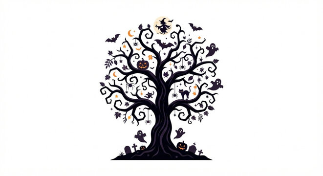 Spooky Halloween Magic Tree with Ghosts, Bats, and Pumpkins on White Background