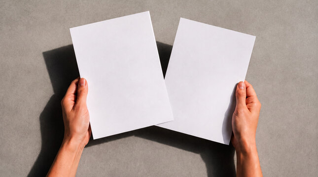 Person holding two blank white sheets of paper for mockup