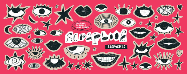 Naklejka premium Vintage doodle scrapbook stickers with eyes and lips on red background. Hand drawn girly clip art. Y2k punk scribbles and crayon drawn stickers with brutal eyes and girly lips. Crazy naive art.