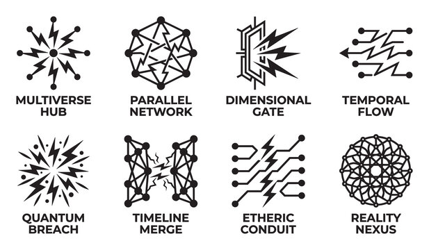 Abstract science fiction icons set multiverse parallel network dimensional gate temporal flow.