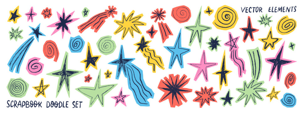 Funky scrapbook star and spiral doodle stickers collection. Crayon drawn doodle collage stars for notes, diary and y2k design. Scrapbook crayon kids scribble shapes, falling colorful stars.