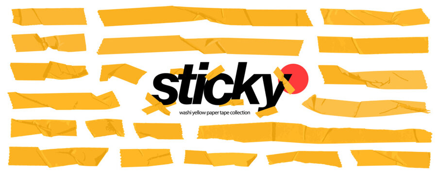 Sticky vector yellow tape with wrinkles collection. Torn scotch pieces for notes, photos and memo. Torn pieces of masking adhesive yellow tape for collage y2k desing. Sticky yellow stripes.