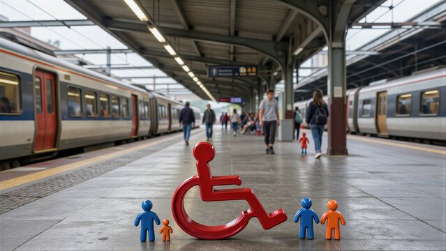 Train station platform with wheelchair symbol and small figurines.