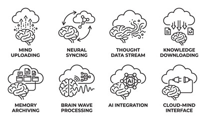 Obraz premium Mind uploading icons and neural syncing with artificial intelligence cloud storage design.