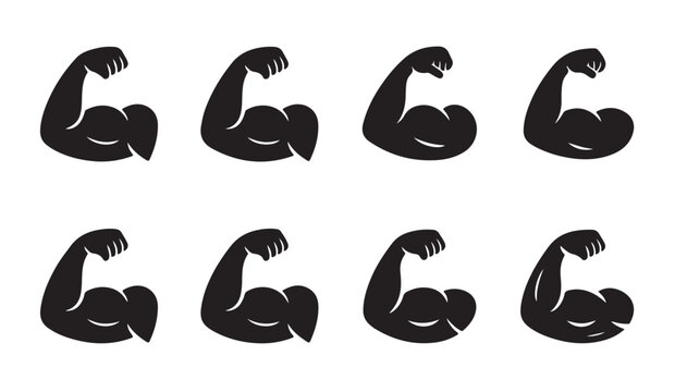 Set of eight flexing arm icons symbolizing strength and fitness in bodybuilding and gym workouts.