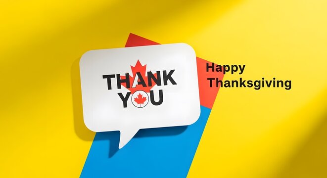A colorful speech bubble with thank you text and happy thanksgiving greeting on a bright yellow background