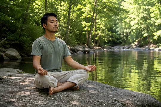 Man meditating in nature by river, mental health peaceful wellness