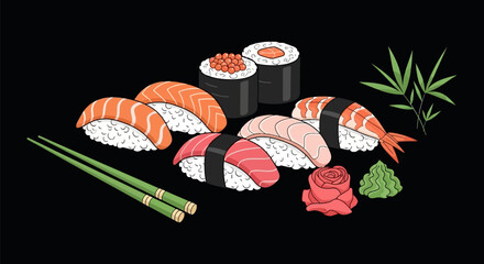Collection of nigiri and maki sushi with green chopsticks © aldo