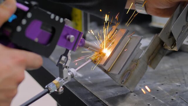 Close up view of welder hands using portable handheld laser welding machine with sparks. Laser processing, industrial, metalworking, technology, and manufacturing concept