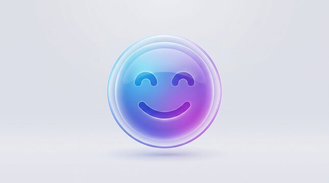 3D Glassmorphism Happy Smiling Emoji Glassmorphic Purple Cyan Gradient Icon UI Graphic.3D Glassmorphic Happy Face Emoji Icon Translucent Glass Blue Purple Gradient UI Badge.