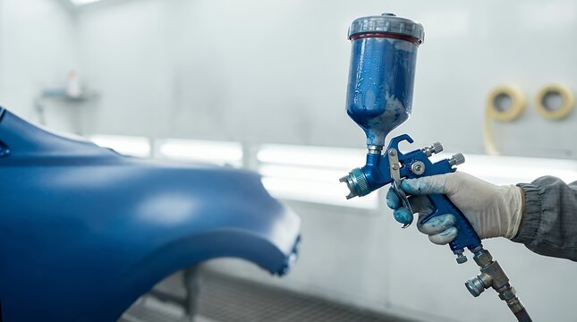 A car spray gun with paint used for automotive painting and refinishing representing vehicle repair and customization car auto automotive vehicle spray gun paint sprayer painting refinishing repair