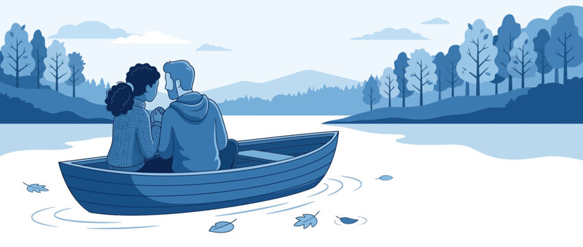 Couple in a small boat on a peaceful lake illustration
