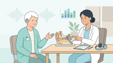 Fototapeta premium Doctor showing ear anatomy model to elderly patient, hearing test