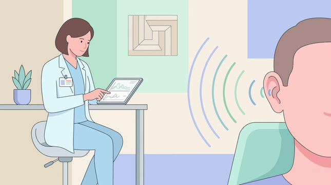 Doctor performing hearing test on patient with audiogram on tablet