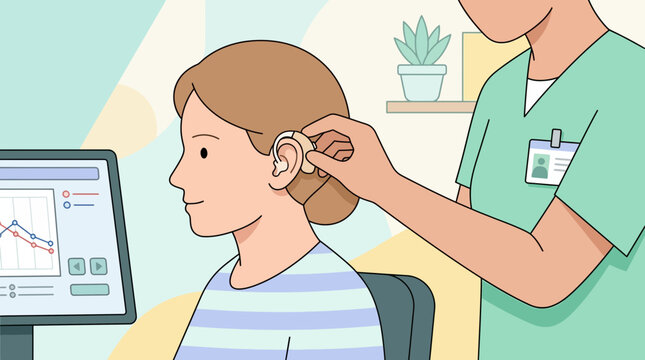 Audiologist fitting hearing aid to patient with hearing test screen