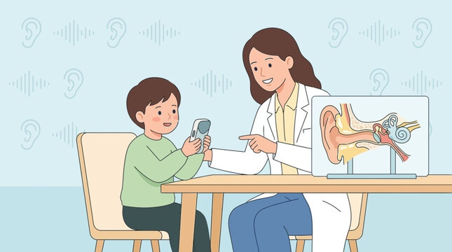 Doctor examining child's ear with audiogram and ear anatomy model