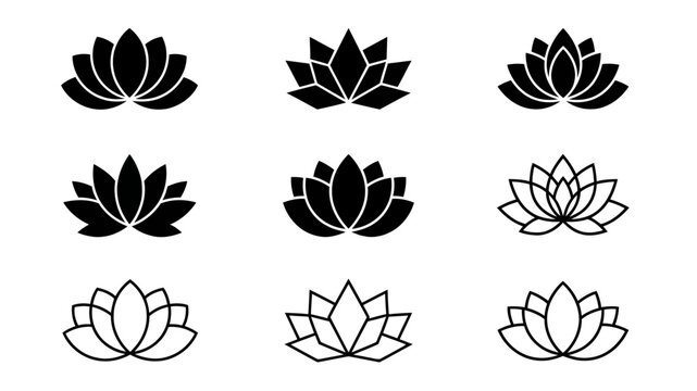 Lotus flowers black glyph and linear icons vector set