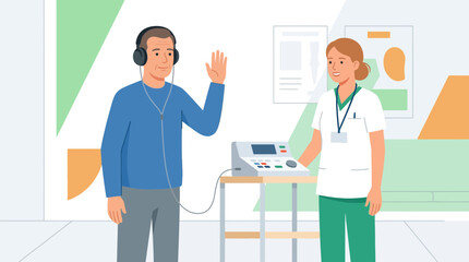 Obraz premium Audiologist testing senior man's hearing with headphones and audiometer