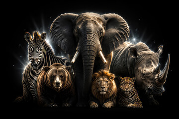Obraz premium Majestic Wild Animals Group on Black Background