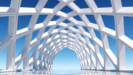Obraz premium Interwoven white tetrahedrons creating a crystalline architectural arch, smooth matte finish, stark sunlight casting intricate geometric shadows on a reflective floor