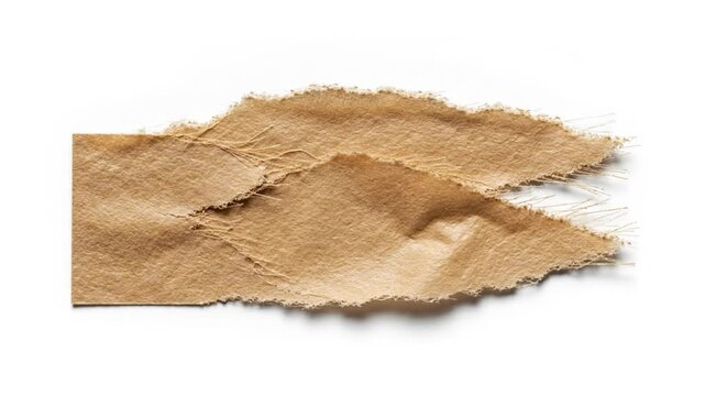 Close up view of torn brown paper revealing rough edges and textured surface against a white background.