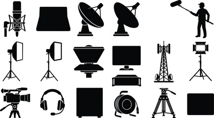 Obraz premium Set of professional broadcasting, television production, media equipment, and communication technology icons