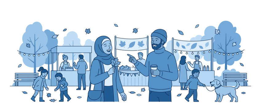 People interacting at a charming outdoor community fall market
