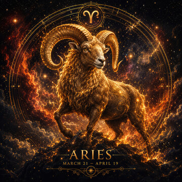 Aries Zodiac Sign with Golden Ram in Fiery Cosmic Space
