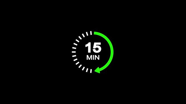 A clean circular timer the number 15 in white text above the word MIN, with a vibrant green arrow forming a segment of the circle against a deep black backdrop and white minute markers
