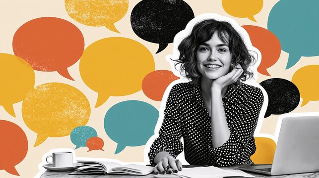 Smiling woman leans thoughtfully beside laptop and coffee, surrounded by colorful speech bubbles