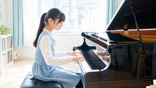 明るい音楽教室でグランドピアノを練習する学習者