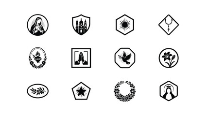 Fototapeta premium Elegant black and white religious symbols collection in minimalist icon design with showcases refined set twelve high contrast religious icons
