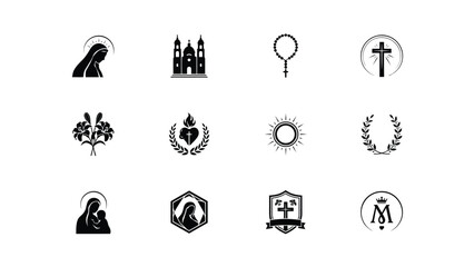 Fototapeta premium Elegant black and white religious symbols icon collection with sacred motifs with religious architecture emblematic fourteen high contrast icons