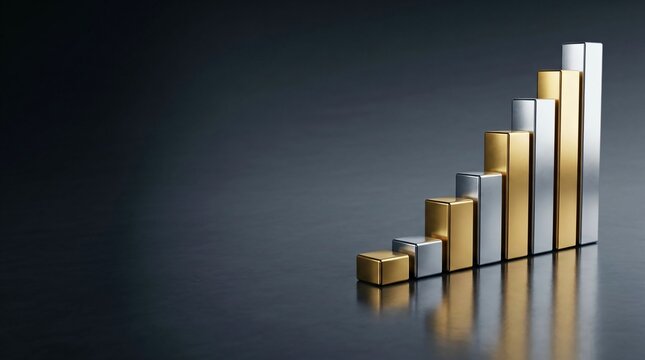 Rising 3D gold and silver bar graph on dark slate background with generous copy space for corporate IR