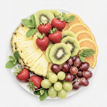 Assorted fresh fruit platter with strawberries, kiwi, grapes, and pineapple isolated on white background.