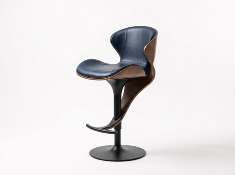Adjustable bar stool with blue leather seat and wooden curved side profile