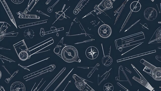 Detailed seamless pattern of vintage drafting and navigation tools. Blueprint style engineering and architectural instruments on a dark background.