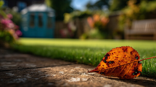 Single fallen brown autumn leaf on stone patio next to green lawn with environment