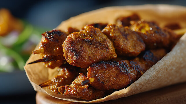 Grilled meat skewers served in rustic paper wrap appetizer with appetizer, culinary