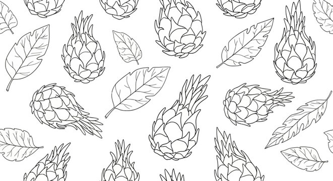 Seamless line art pattern of dragon fruits and tropical leaves