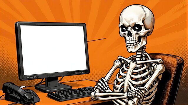 Skeleton sits at desk, pointing at computer screen against vibrant orange background.