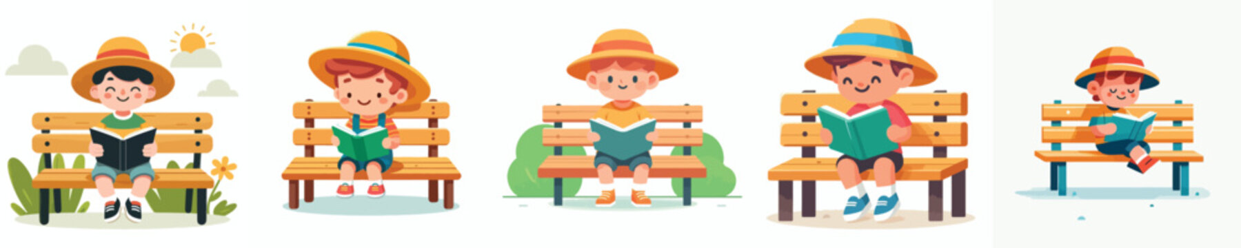 A flat vector illustration of a little boy sitting on a park bench reading a book in the summer