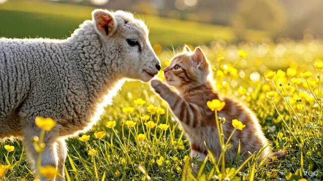 Little kitten touching noses with a fluffy lamb in spring