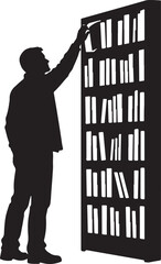  Silhouette of a man reaching for a book on a tall bookshelf silhouette vector © Abdul